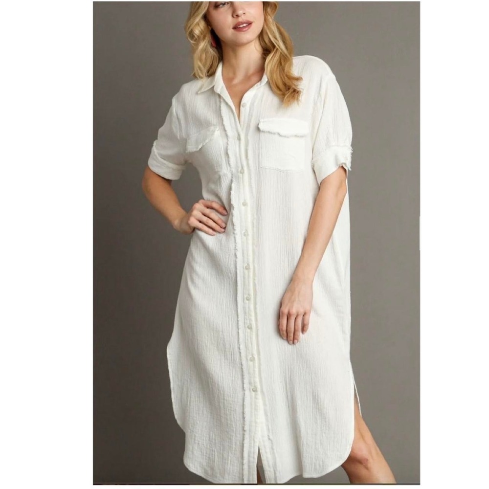 White Gauze Button Up Maxi Dress w/ Raw Edges medium F 13